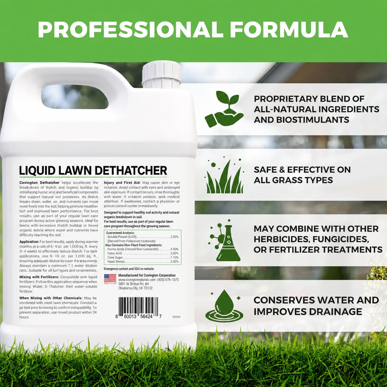 Covington Liquid Lawn Dethatcher (2.5 Gal) – Liquid Aerator Concentrate & Humic Thatch Remover, Soil Softener & Grass Thatch Buster for Lawns & Gardens – Kids & Pet Safe, Made in USA