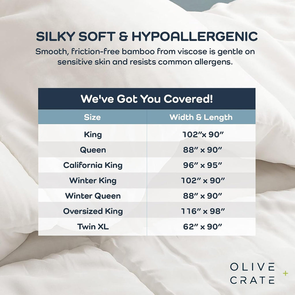 Olive + Crate Cooling Down Alternative Comforter - Hypoallergenic King Size Duvet Insert Lightweight - All Seasons Plush Design Bamboo Comforter - 100% Bamboo Viscose Outer Cover - White 102'x90'