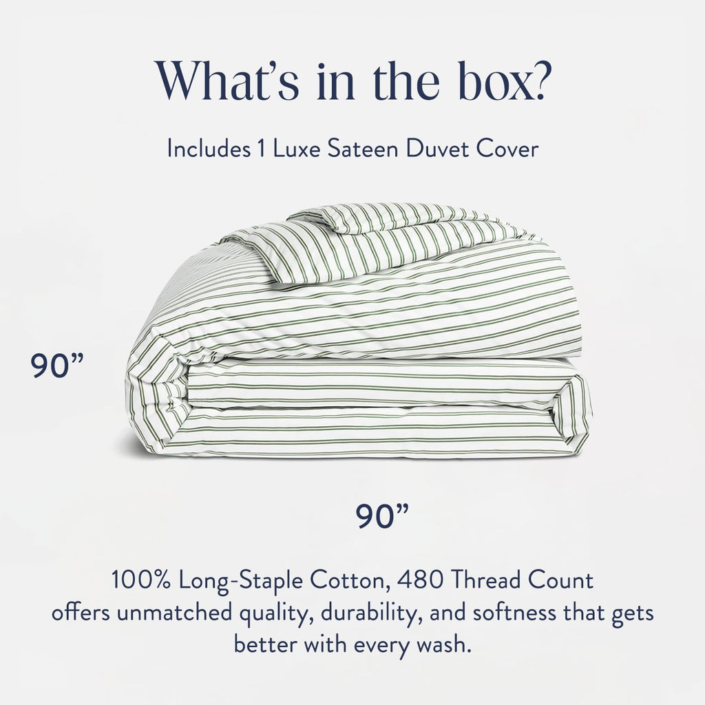 Brooklinen Luxury Sateen Duvet Cover - 100% Cotton, Full/Queen Size in Green Tandem Stripe with Extra-Long Corner Ties and Button Closure - Best Full/Queen Duvet Covers