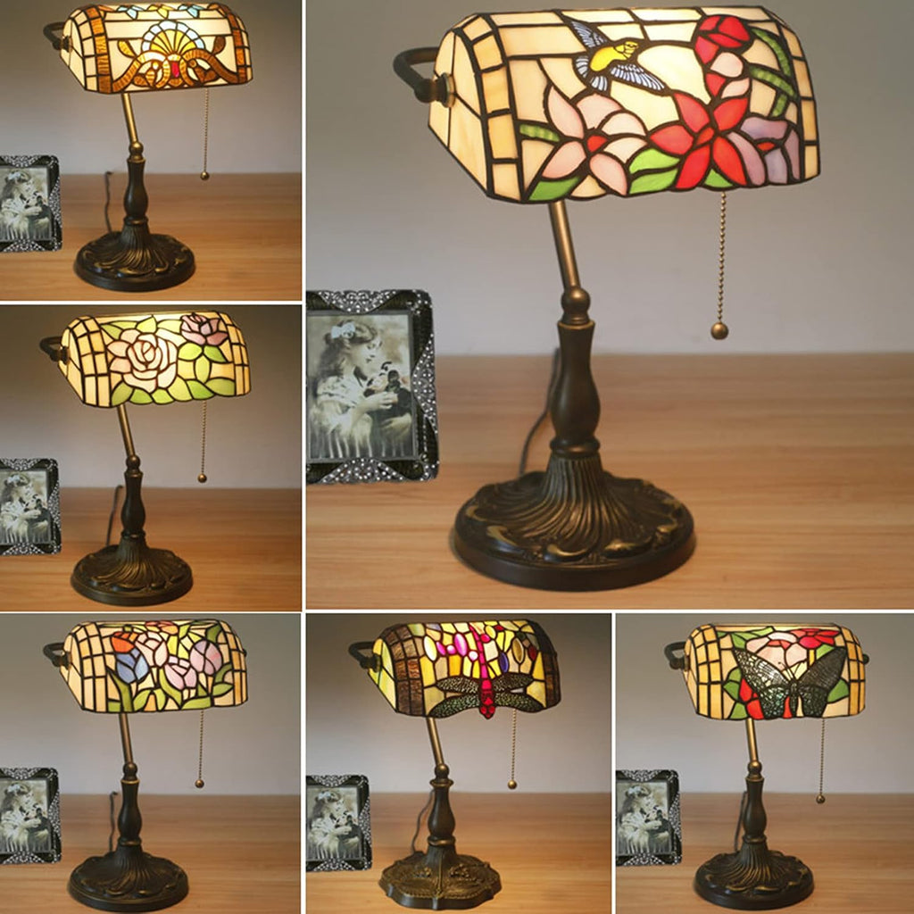 Bird Lamp Tiffany Style Bankers Lamp Table Lamp Stained Glass Bird Flower Lamp Shade Piano Desk Lamp Vintage Bedroom Bedside Lamp for Livingroom Office Study,Antique Alloy Base,Zipper Switch,A bird