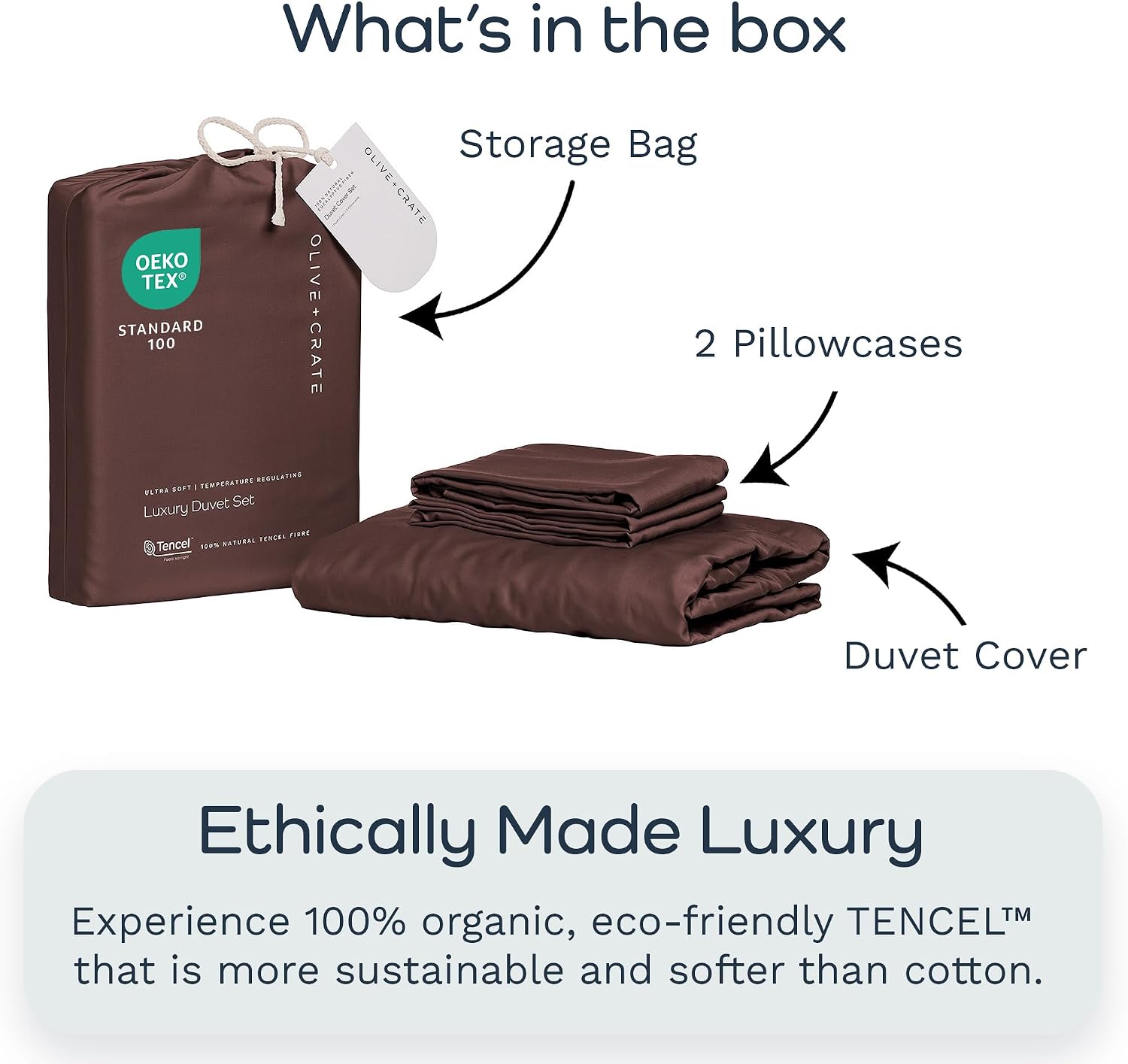 Olive + Crate Queen Size Tencel Duvet Cover Set - Hypoallergenic, Cooling Eucalyptus Duvet Cover for Hot Sleepers with Two Pillowcases - Cacao 3-Piece