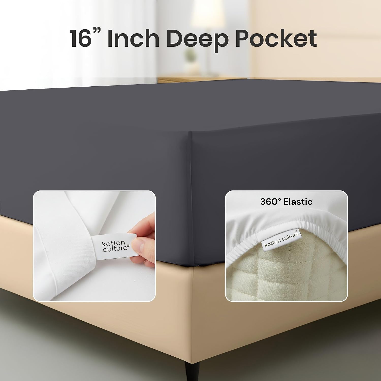 Kotton Culture 4 Pc Alaskan King Sheet Set - 100% Egyptian Cotton Premium Hotel Luxury Bedding - Sateen Weave Soft Cooling Durable Bedsheet - 16' Deep Pocket Sheets - Dark Grey