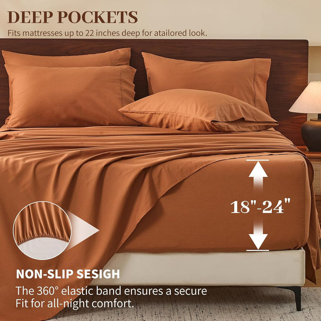 MEISHANG 100% French Pure Linen Sheets Queen Size - Extra Deep Pocket Sheet Set, Soft Durable Flax Linen, Anti-Tear Breathable & Oeko-Tex Certified 18-24 Deep Pocket,All Season(Brown)