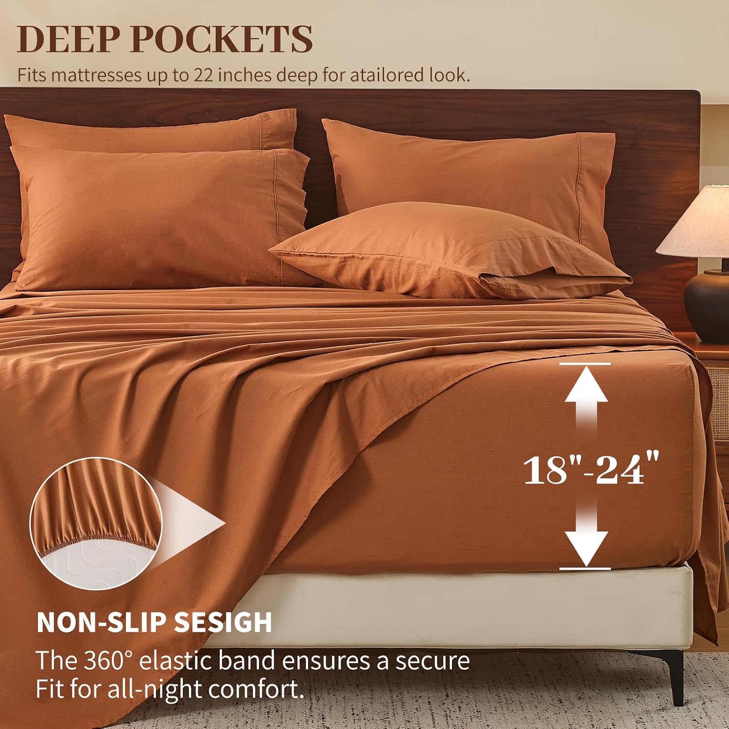 MEISHANG 100% French Pure Linen Sheets California King Size - 6 PC Extra Deep Pocket Sheet Set, Soft Durable Flax Linen, Anti-Tear Breathable & Oeko-Tex Certified 18-24 Deep Pocket,All Season(Brown)