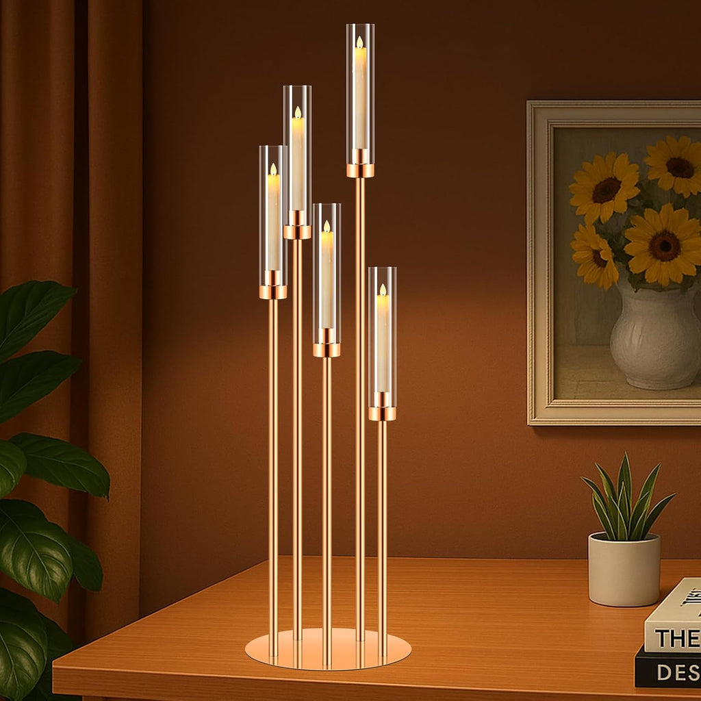 8 Set 5 Arm Golden Candle Holder with Acrylic Lampshade, 41.3'' Tall Candlesticks Holder for Christmas Wedding Housewarming Gift,Metal Candle Holders Candlestick Centerpiece,Fit 0.87'' LED Candle