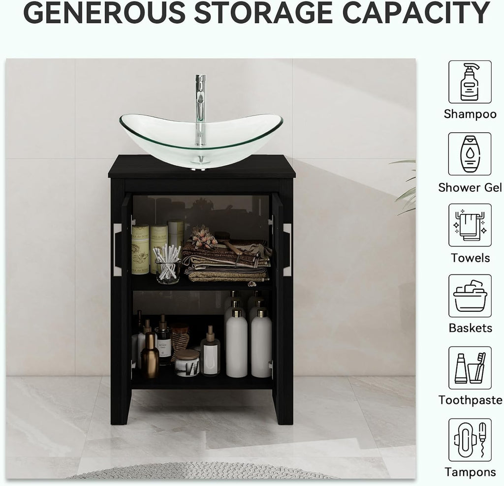 YOURLITE 24 Inches Traditional Bathroom Vanity Set with Single Faucet Hole, Clear Boat Glass Sink, Black Finish, 2-Door Cabinet