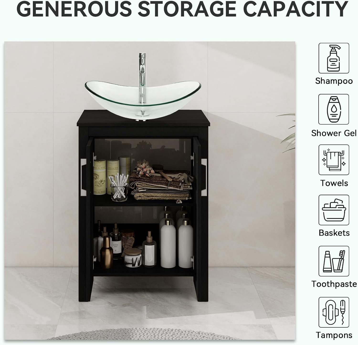 YOURLITE 24 Inches Traditional Bathroom Vanity Set with Single Faucet Hole, Clear Boat Glass Sink, Black Finish, 2-Door Cabinet