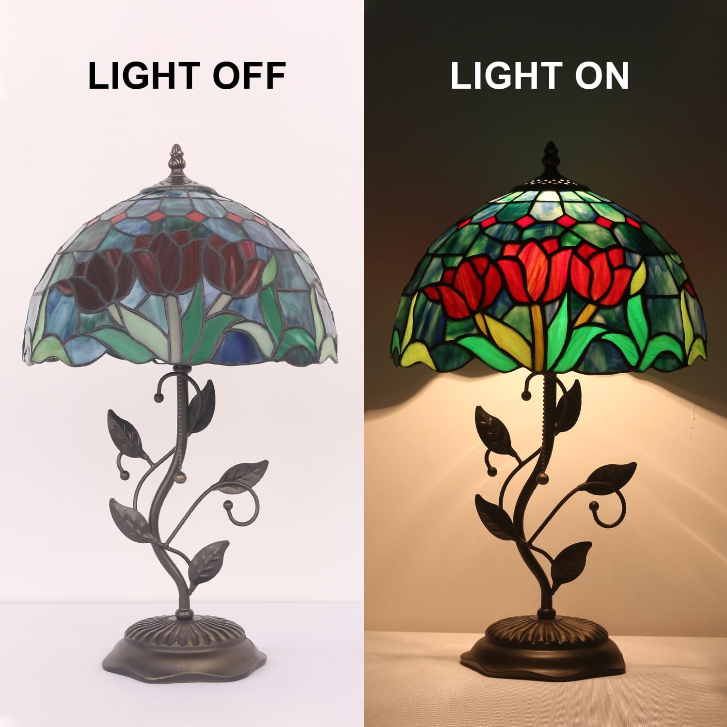 Tiffany Table Lamp, Stained Glass Tulip Design, with Metal Leaf Base, 12x12x19 Inch for Bedroom, Living Room, Home, Office