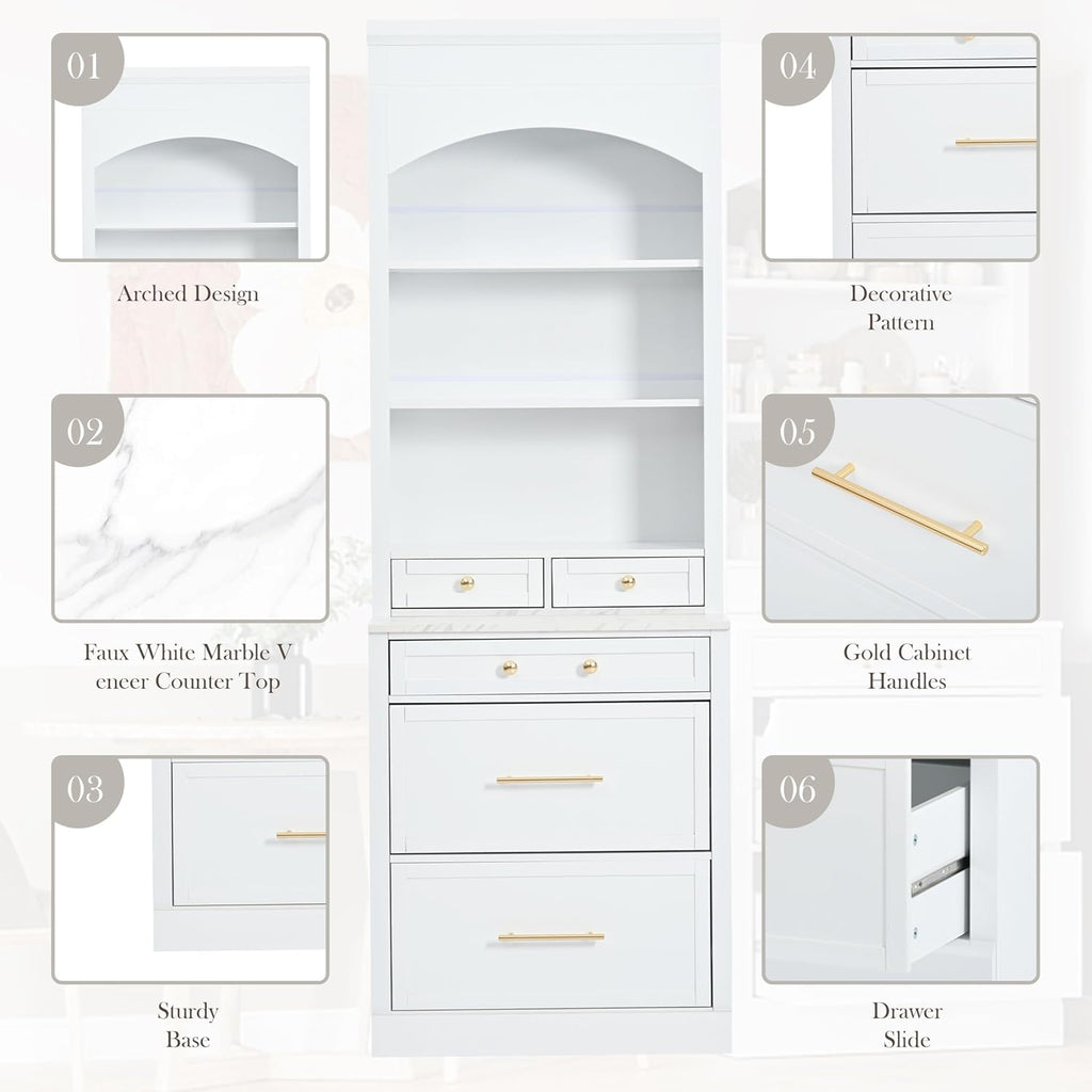 Modern 83.7inch High Kitchen Pantry, Freestanding Tall Kitchen Hutch with Faux Marble Top, Cupboard Cabinet with 5 Storage Drawers and Adjustable Shelf (White-4)