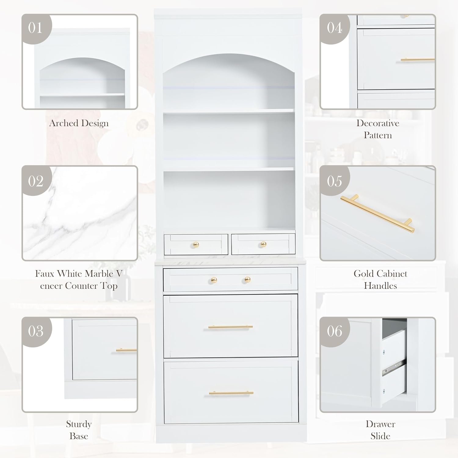 Modern 83.7inch High Kitchen Pantry, Freestanding Tall Kitchen Hutch with Faux Marble Top, Cupboard Cabinet with 5 Storage Drawers and Adjustable Shelf (White-4)