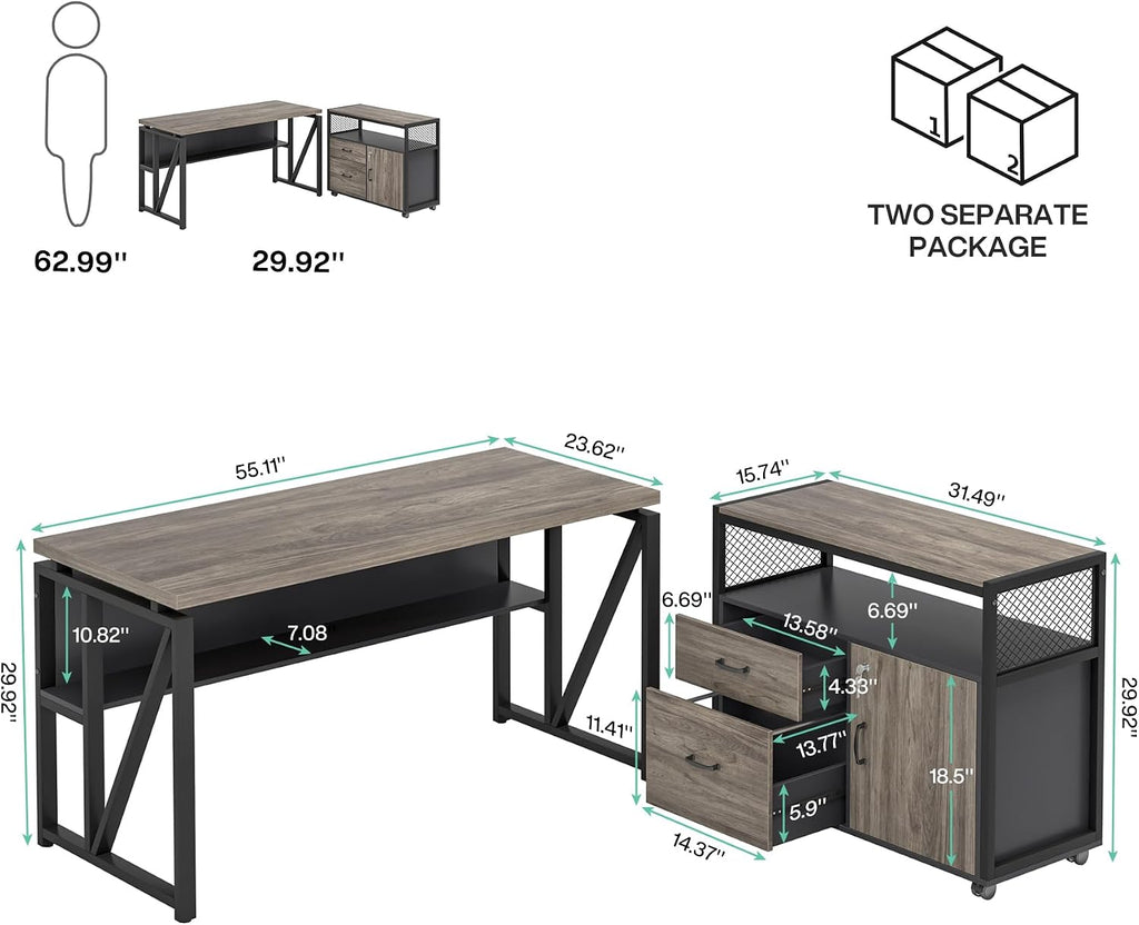 Tribesigns Grey Executive Desk with Cabinet, 55' L Shaped Computer Desk and lateral File Cabinet with Locks, 2 Piece Home Office Furniture Set for Hanging