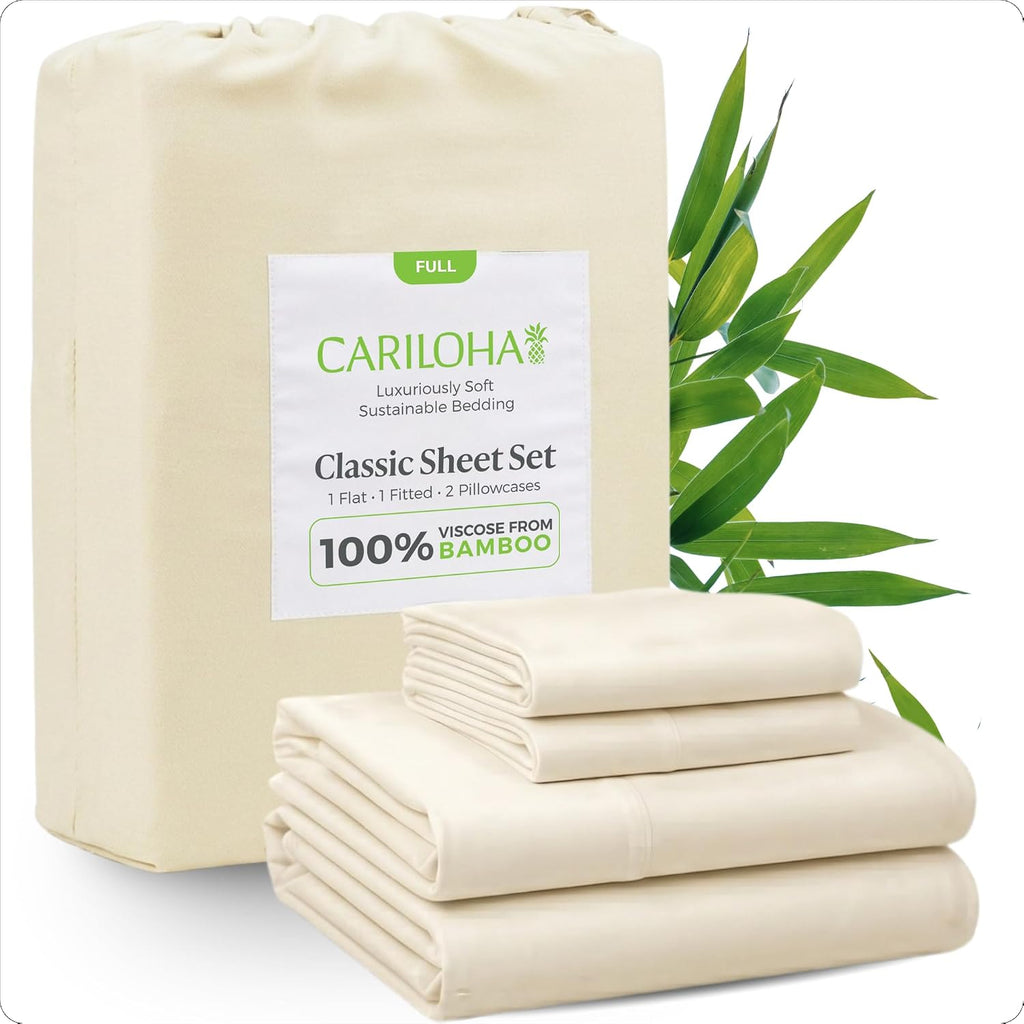 Cariloha Classic 100% Organic Bamboo Viscose Sheets - 4-Piece Full Sheet Set - 18 in Extra Deep Pockets - Soft, Cooling, Hypoallergenic Sheets - Oeko-TEX Standard 100 - Ivory