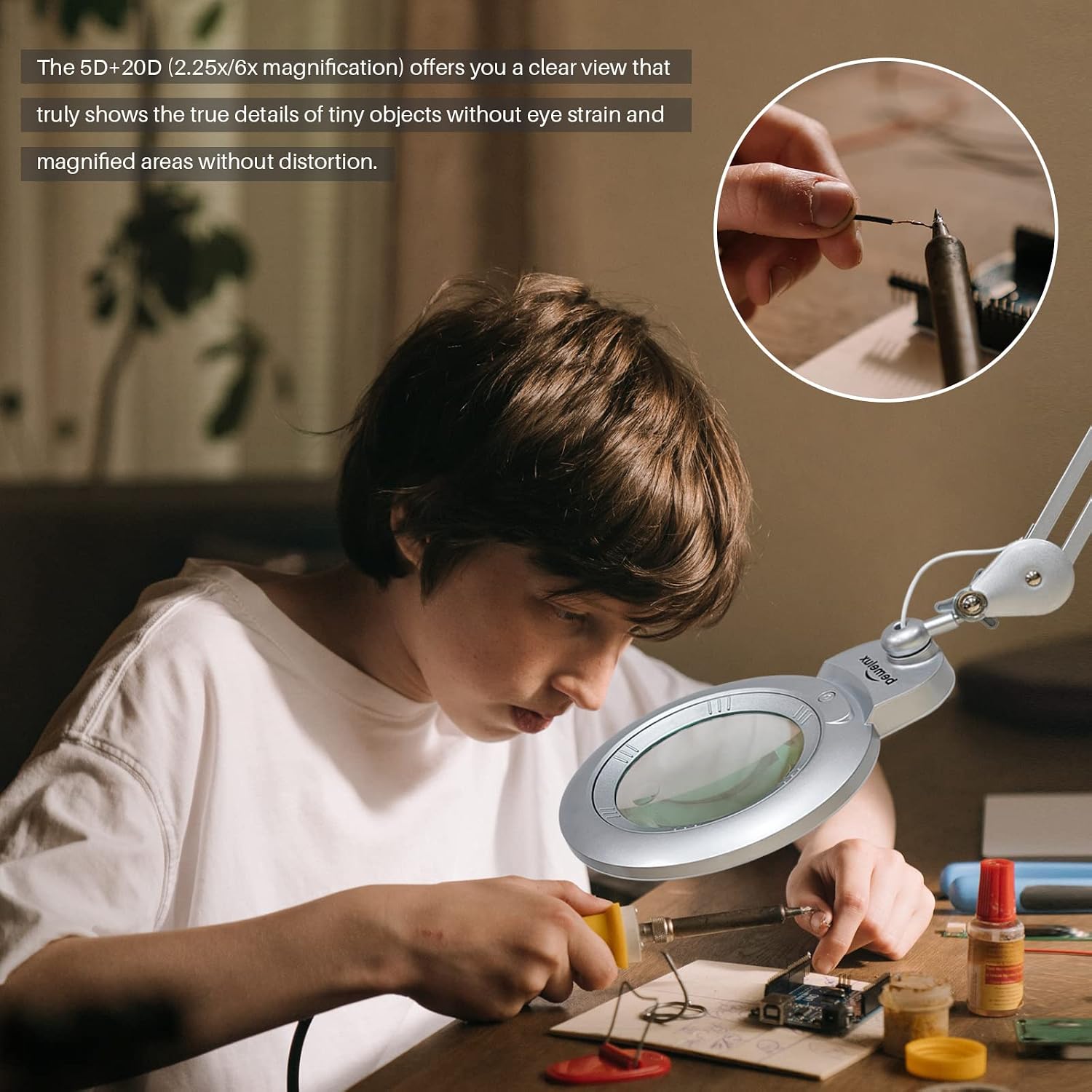 Bifocals Magnifying Desk Lamp with Clamp, 5 Diopter with 20 Diopter, 6 Inch Detachable Lens and 120PCS LEDs, 3 Color Modes 1200 Lumens Swivel Arm Magnifying Lamp with Light for Crafts (Silver)
