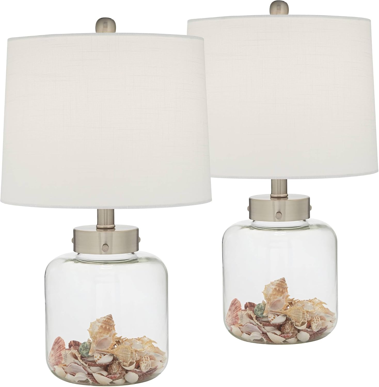 360 Lighting Country Coastal Small Accent Table Lamps 20.5' High Set of 2 Clear Glass Fillable Shells White Drum Shade Decor for Living Room Bedroom Beach House Bedside Nightstand Home
