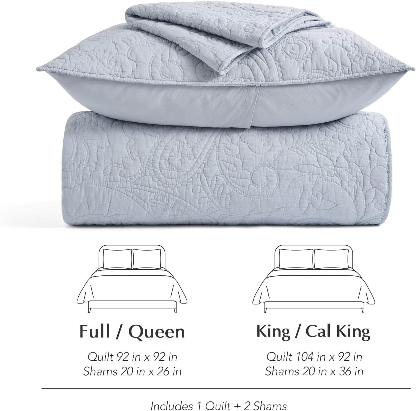 EVERGRACE 100% Cotton Paisley Quilt Set, King Size 3 Piece Set – Prewashed Lightweight Bedspread with 2 Shams, Soft & Breathable Matelasse-Style Quilted Coverlet, Pearl Blue