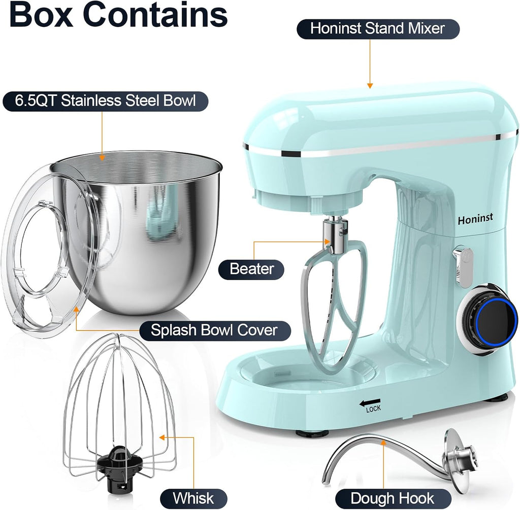 Honinst Stand Mixer, 6.5QT 10-Speed Tilt-Head Electric Stand Mixer, 3-In-1 Kitchen Mixer with Bowl, Dough Hook, Whisk and Beater, Food Mixer for Baking, Cake and Most Home Cooks, Blue