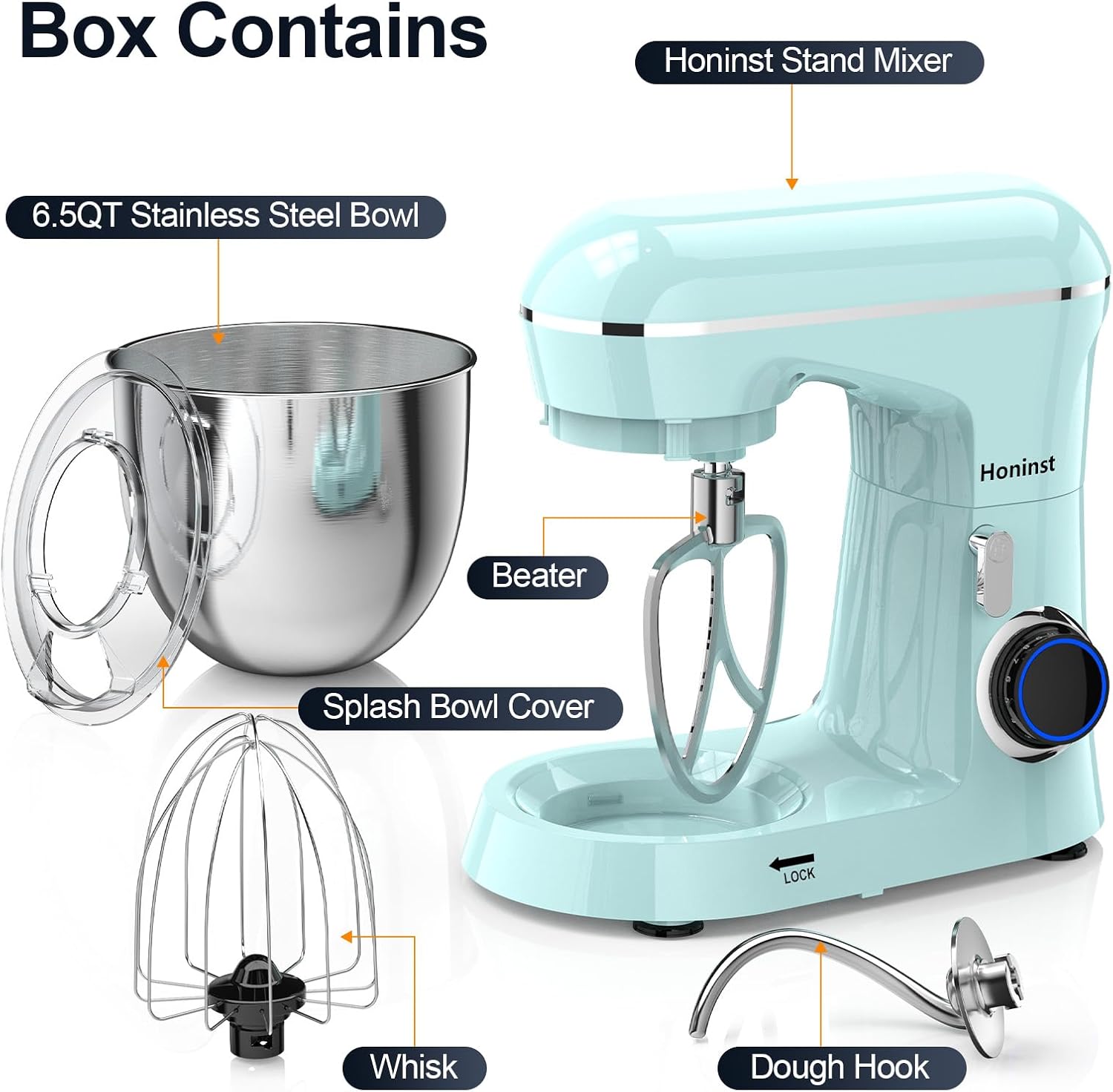 Honinst Stand Mixer, 6.5QT 10-Speed Tilt-Head Electric Stand Mixer, 3-In-1 Kitchen Mixer with Bowl, Dough Hook, Whisk and Beater, Food Mixer for Baking, Cake and Most Home Cooks, Blue