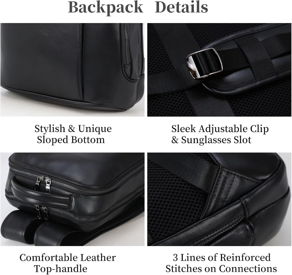 Masa Kawa Slim Leather 15' Laptop Backpack for Women Men Small Business Travel Office Work Computer Rucksack Bag Executive Casual Daypack, Black