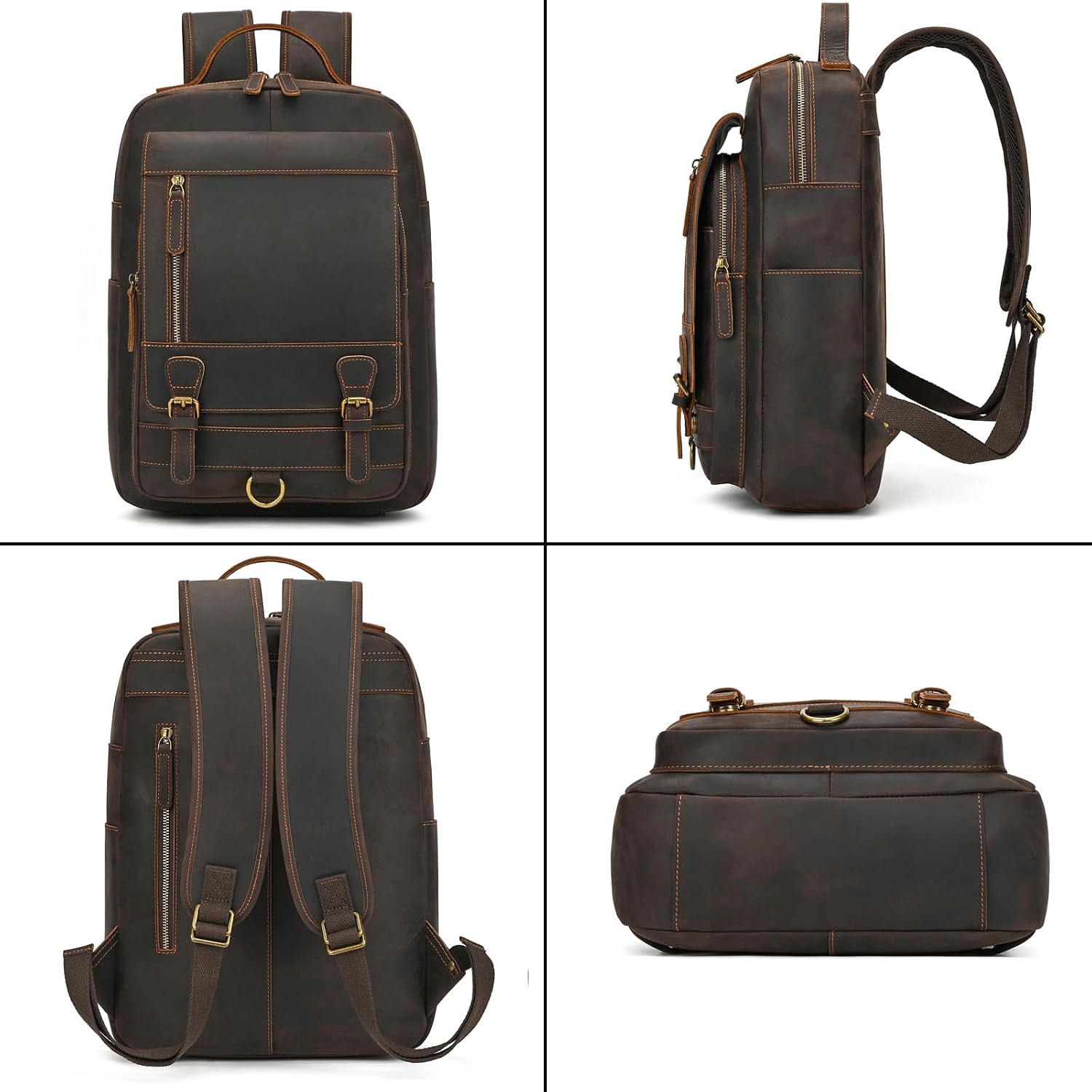 Vintage Full Grain Leather Backpack for Men, 16' Laptop Rucksack For Men Hiking Trave Work Business Bag, 1829 Dark Brown