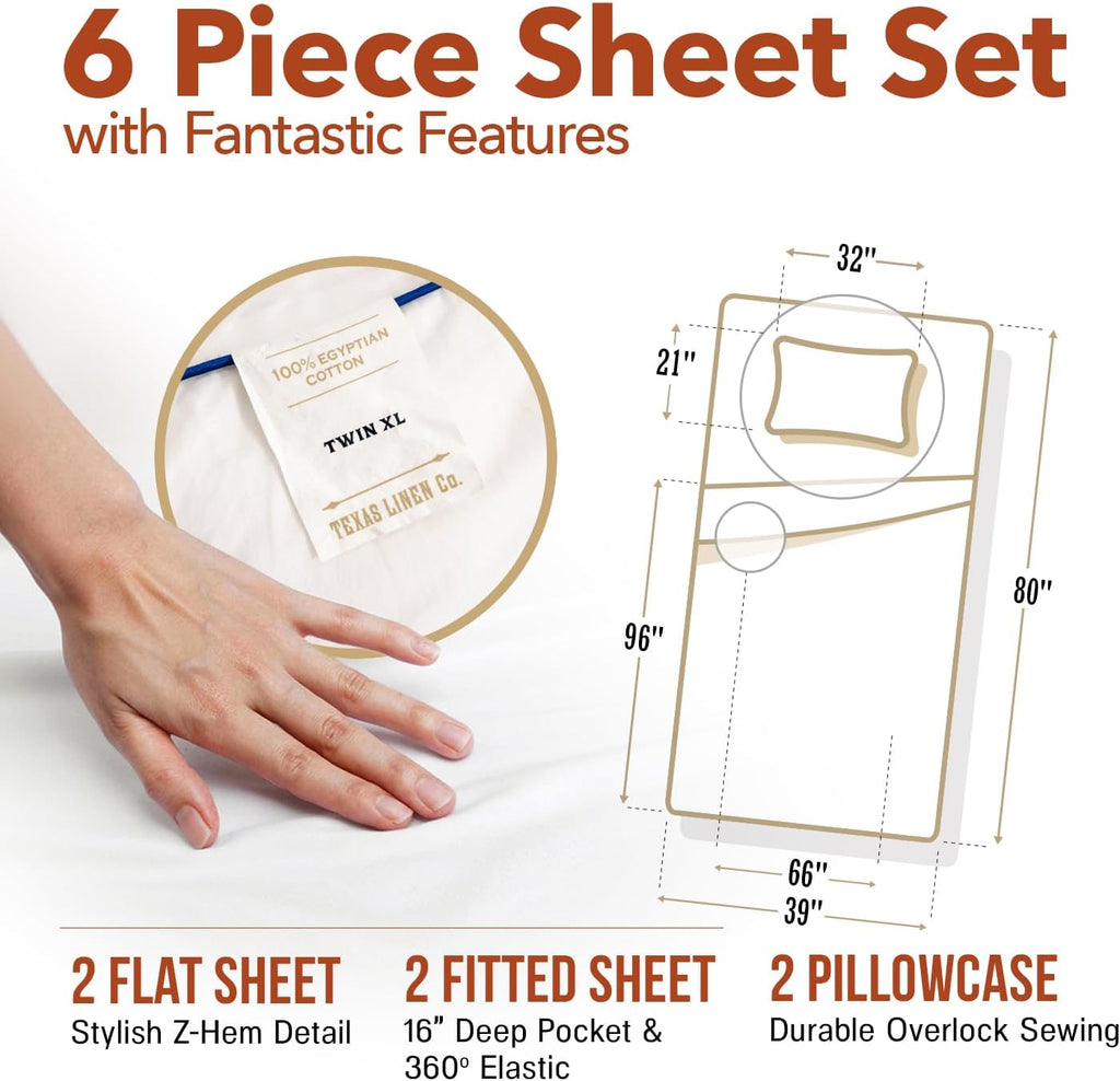 TEXAS LINEN CO. 100% Egyptian Cotton Twin Size Sheets Pack of 2 - Luxury Texan Talkin' Collection 600 Series Egyptian Cotton Sheets Twin Size (6 PC, White), 16' Deep Pocket College Dorm Bed Sheet Set