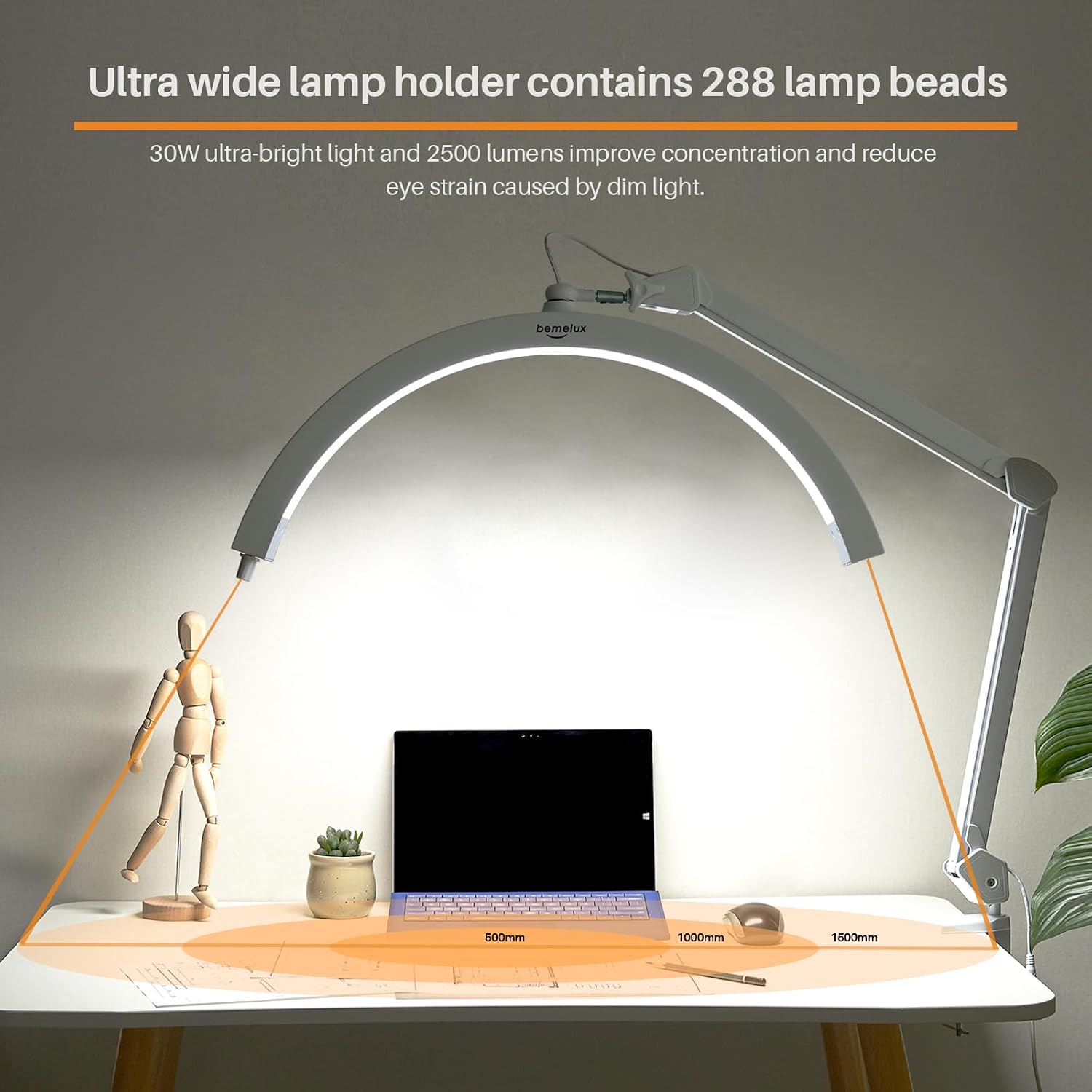 LED Half Moon Light with Desk Clamp, 30W Bright 288PCS LEDs, Metal Swing Arm for Beauty, Nail Art, Makeup, Facial Care, Tattoos, Sewing and Hand Craft DIY(White)