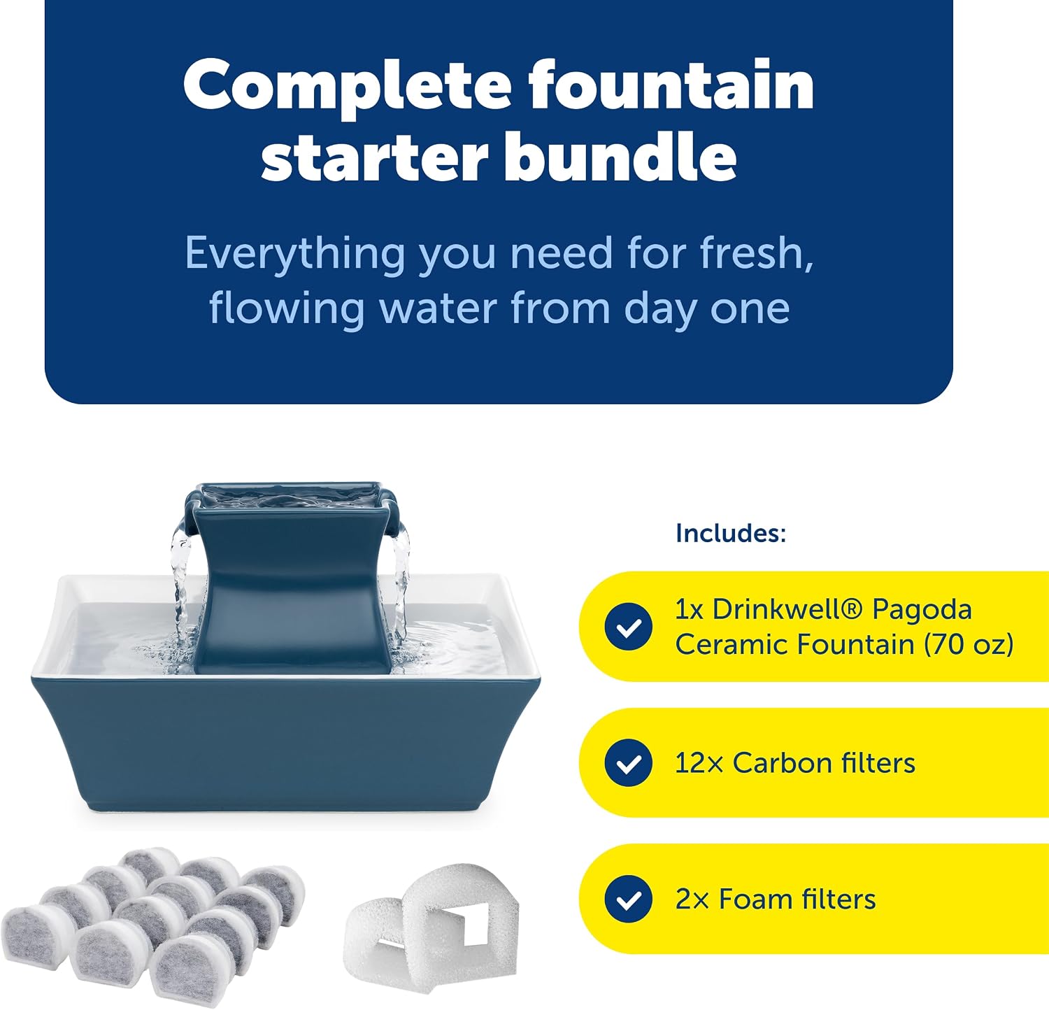 PetSafe Drinkwell Pagoda Pet Fountain 70 oz/ 2L Capacity,Elevated Indoor Ceramic Cat Water Fountain, 2 Levels of Free-Falling Stream, Included Carbon & Foam Filter Provide Fresh Water with Every Sip