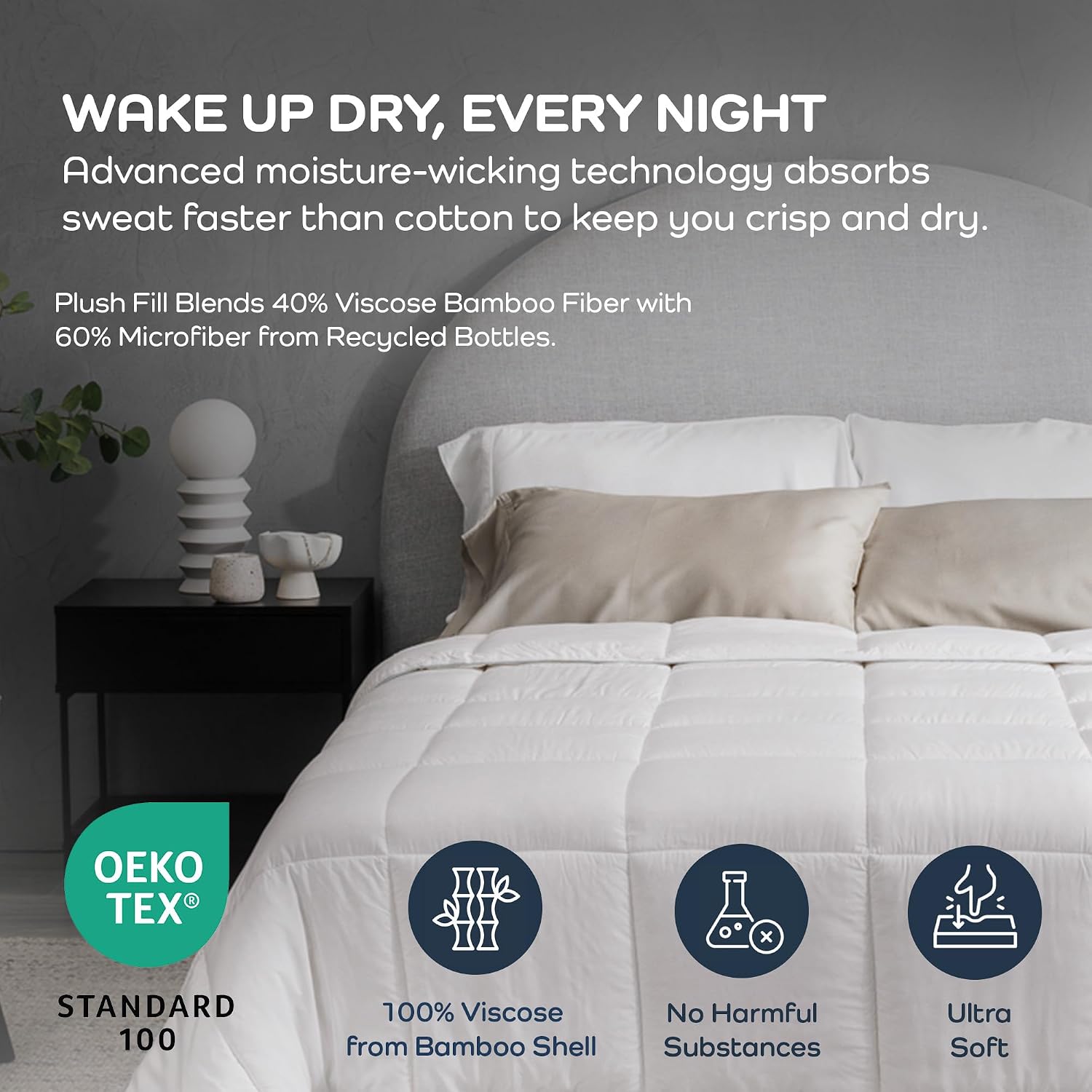 Olive + Crate Cooling Down Alternative Comforter - Hypoallergenic King Size Duvet Insert Lightweight - All Seasons Plush Design Bamboo Comforter - 100% Bamboo Viscose Outer Cover - White 102'x90'