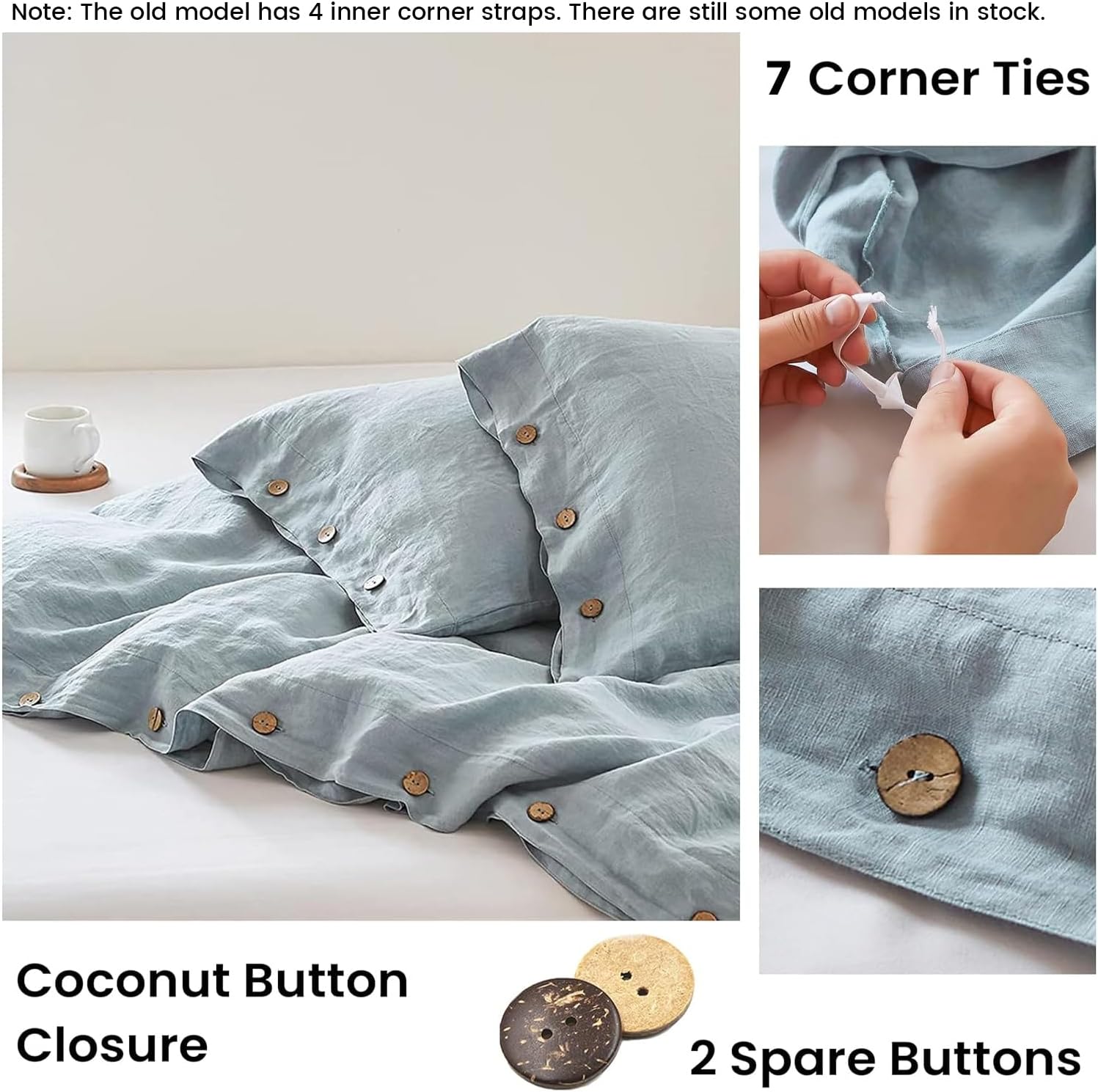 Simple&Opulence 100% Linen Duvet Cover Set 3pcs with Coconut Button Closure Natural French Washed Flax Solid Color Soft Breathable Farmhouse Bedding - Dusty Blue, Queen Size