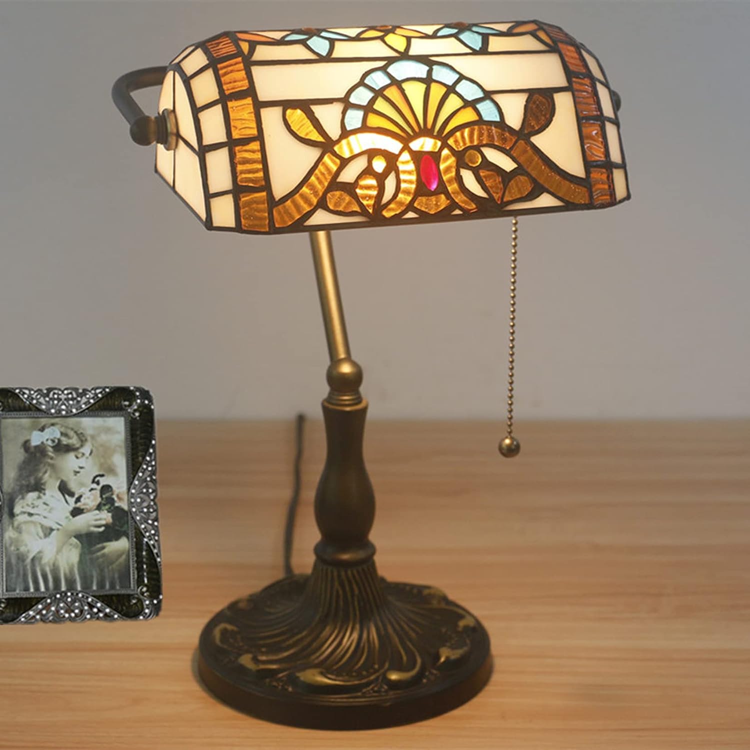 Tiffany Style Bankers Table Lamp Stained Glass Piano Desk Lamp Vintage Bedroom Bedside Lamp for Study,Antique Alloy Base,Zipper Switch,Green Baroque a