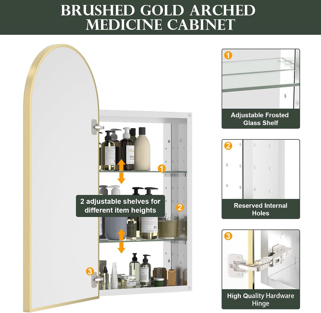 WallBeyond Bathroom Medicine Cabinet with Mirror, 17x34 Inch Gold Recessed Medicine Cabinet with Arch Aluminum Alloy Metal Framed, Single Door Modern Medicine Cabinet with Storage