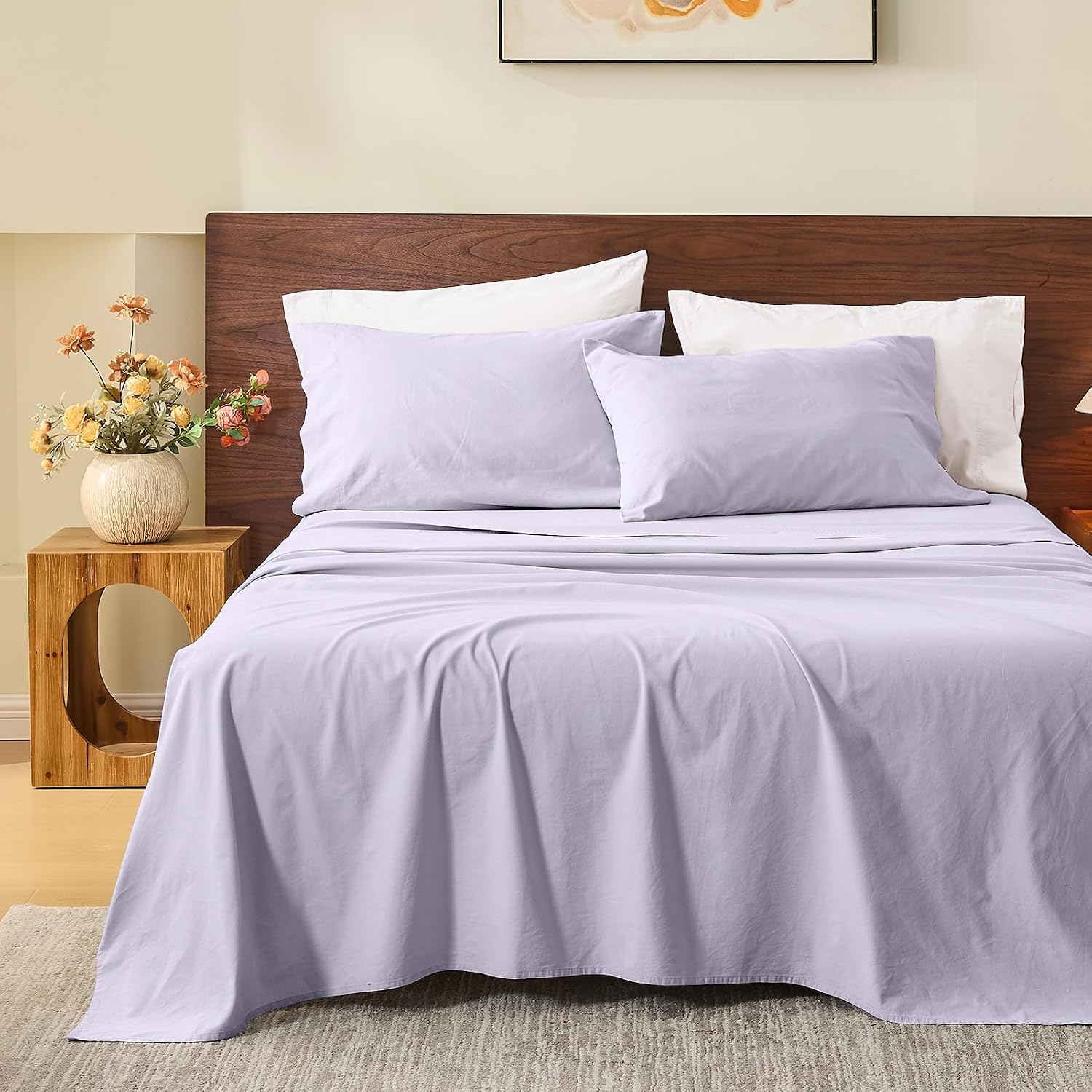 MEISHANG 100% French Pure Linen Sheets King Size - Bed Sheets 4 Piece Sets, Soft Durable Flax Linen, Anti-Tear Breathable Moisture Wicking with 16' Deep Pocket (Light Purple)