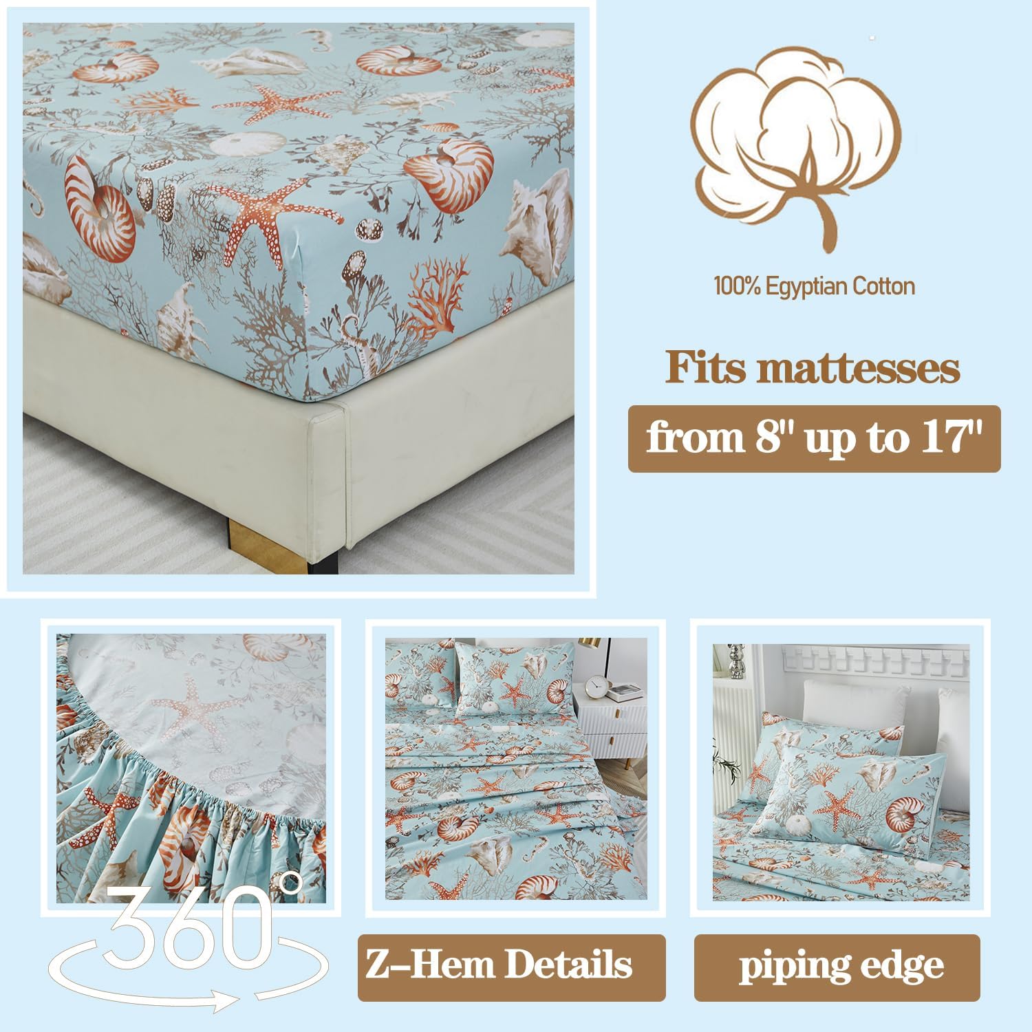 Brandream Luxury Nautical Bedding Queen Size Sheets Set Egyptian Cotton Coastal Beach Bed Sheet Set Deep Pockets 18 Inch 4-Piece Bed Sheets