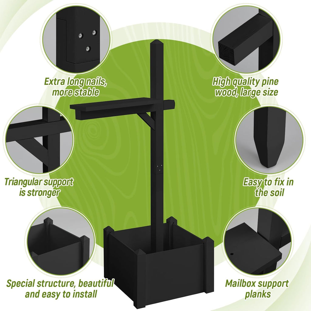 Colingmill 55 Inch/4.58 ft H Wooden Mailbox Post with Planter Box for Outside Decorative Post Flower Box(Not Included Mailbox)(Black)