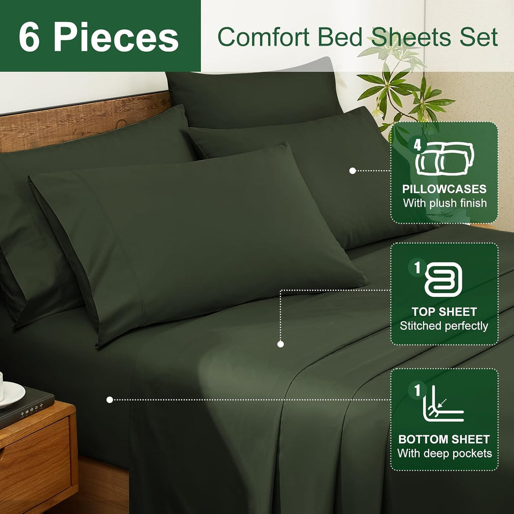 Ivellow 100% Egyptian Cotton Sheets Queen Size Set - 1200 Thread Count 6 PC 18' Deep Pocket Queen Size Bed Sheet Set，Luxury Soft Breathable Dark Green Cooling Sheet Sets Durable Hotel Quality Bedding