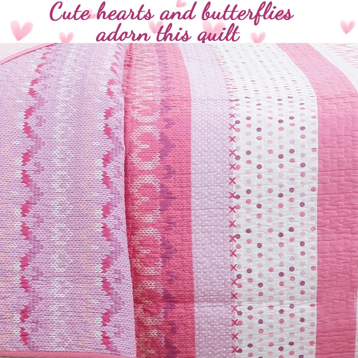 Cozy Line Home Fashions Pink Butterfly Knit 100% Cotton Reversible Quilt Bedding Set, Coverlet, Bedspreads (Twin - 5 Piece: 1 Quilt + 1 Standard Sham + 3 Decorative Pillows)