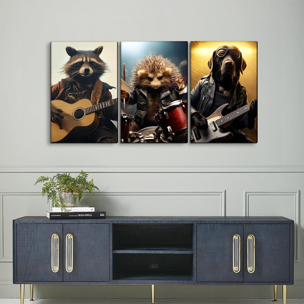 YONICA 3 Panel Animal Band Canvas Wall Art for Home Music Decor - Funny Animals Playing Musical Instruments Modern Cool Wall Picture Print On Canvas HD Giclee Artwork Ready to Hang - 24'x32'x3 Panels