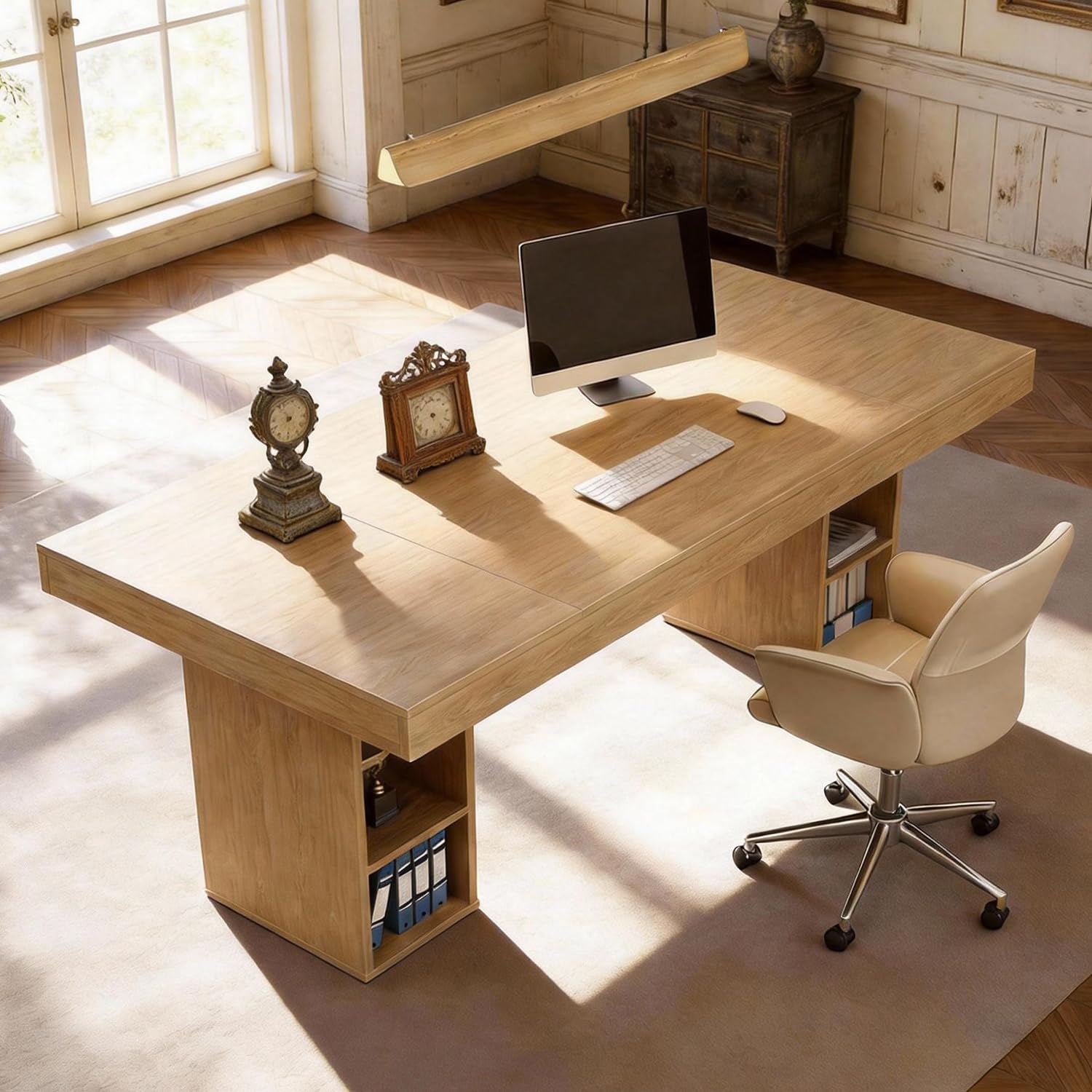 IDEALHOUSE 71' Executive Desk with Cabinet Storage, Farmhouse Home Office Desk, Wooden Computer Desk with Extra Thickened Tabletop & Metal Frame, for Work Study Writing, Oak