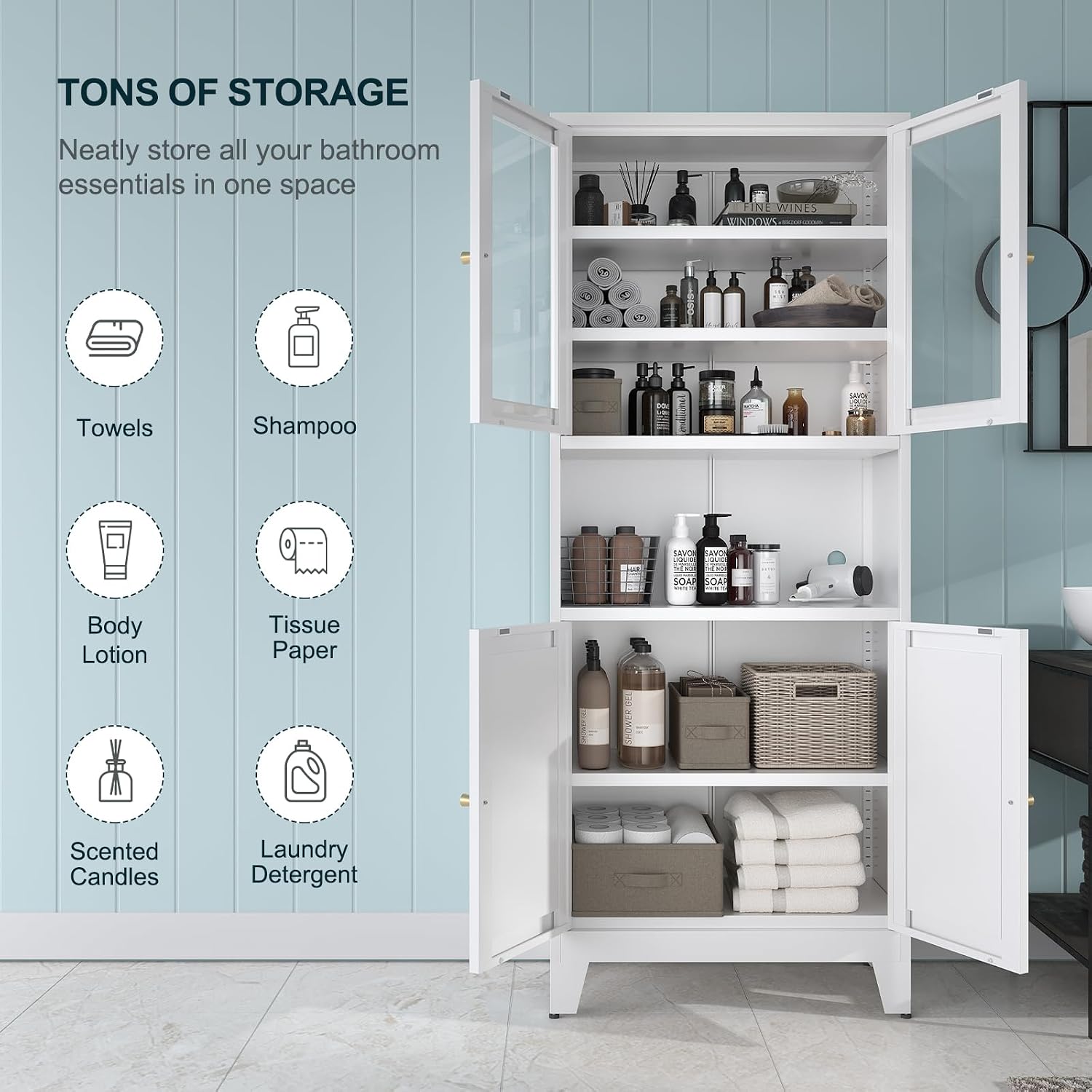 Bevivog 69' Pantry Cabinet,Tall Metal Storage Cabinet with 2 Glass Doors, Freestanding Display Cupboard Tall Bathroom Linen Cabinets with 5 Shelves Storage for Living Room Kitchen Pantry
