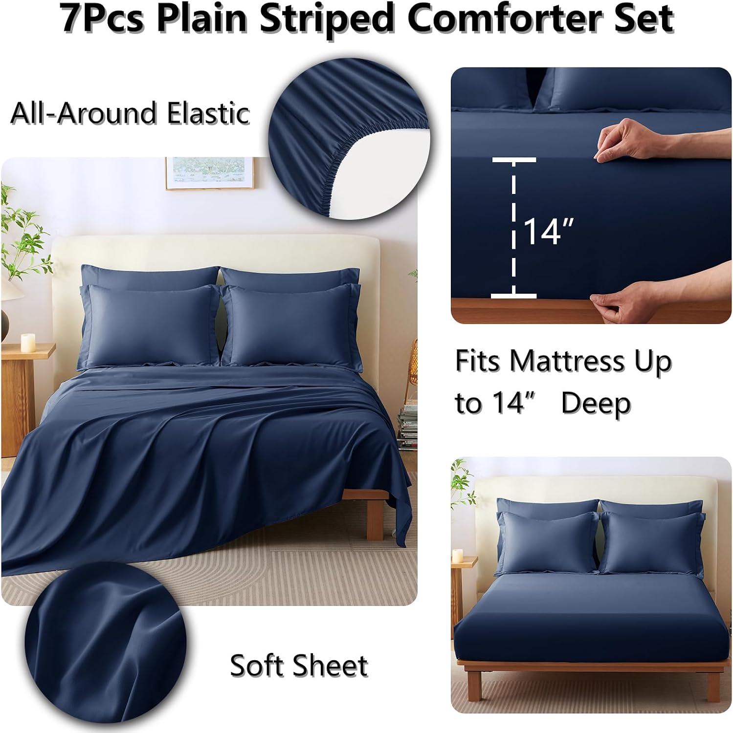 CozyLux Super King Plus Comforter Set Navy Blue - 7 Pieces Bed in a Bag, Modern Vertical Quilted Room Decor, Soft All-Season Bedding Gift with Comforter, Sheets, Pillowcases & Shams