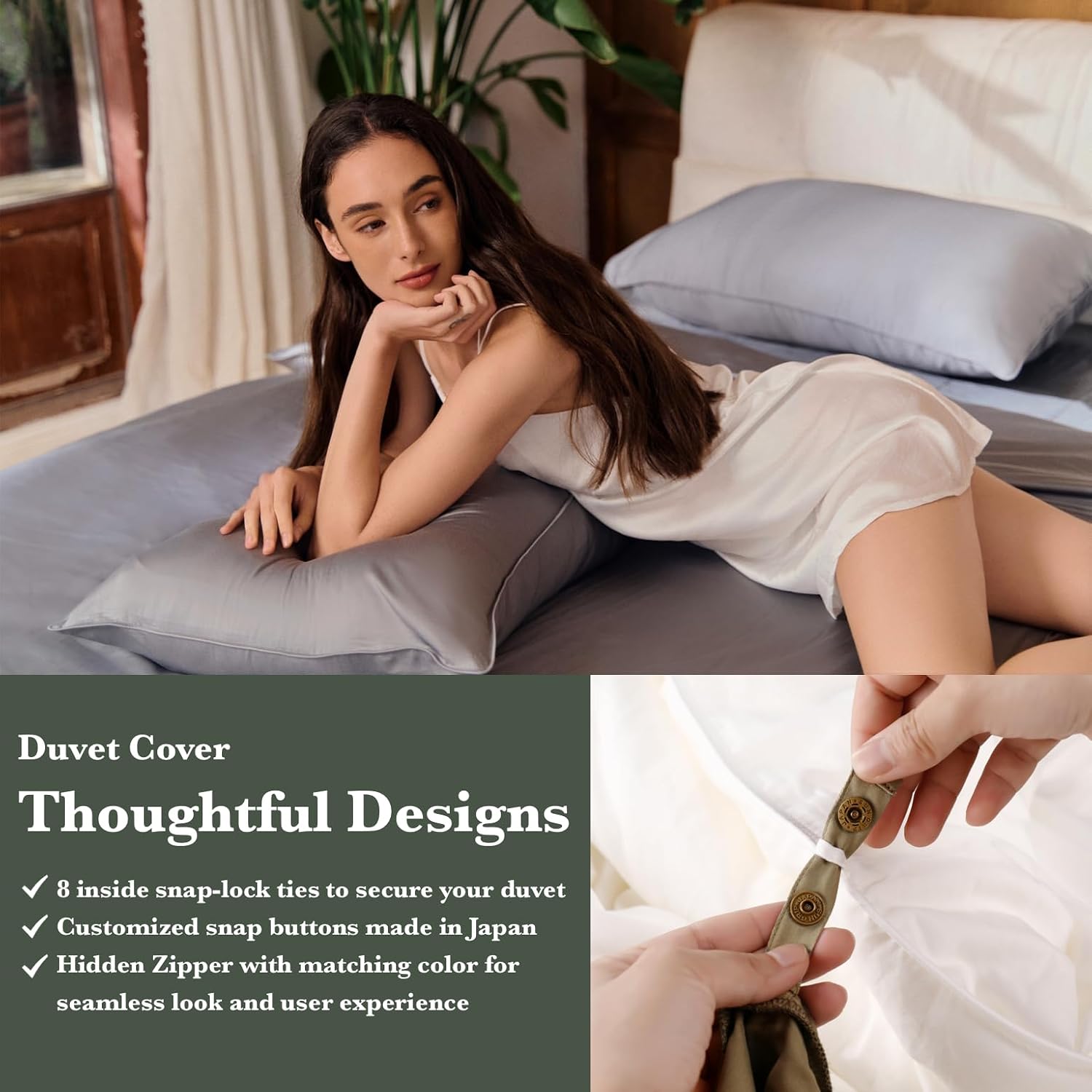 Luxury Bamboo Viscose Duvet Cover | Pure Bamboo Viscose, Soft, Breathable and Cooling for Hot Sleeper | Piped Edge, Hidden Zipper Closure, 8 Corner Ties and Button Closure (Ice Grey, Queen)