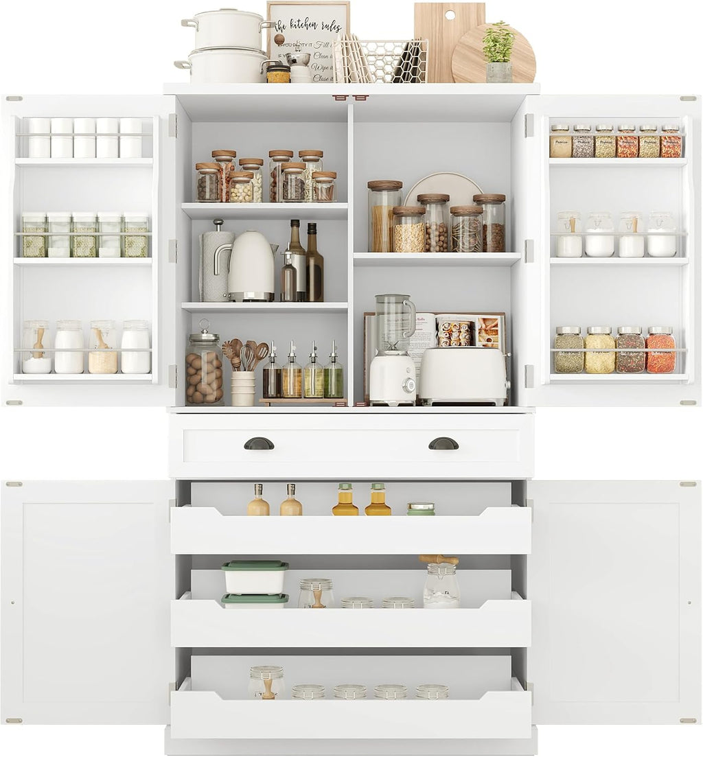 Freestanding 4 Doors Kitchen Pantry, Wood Kitchen Cupboard Storage Cabinet with 6 Door Shelves, Drawer and 3 Pull-Out Trays for Dining Room (White-4.14)