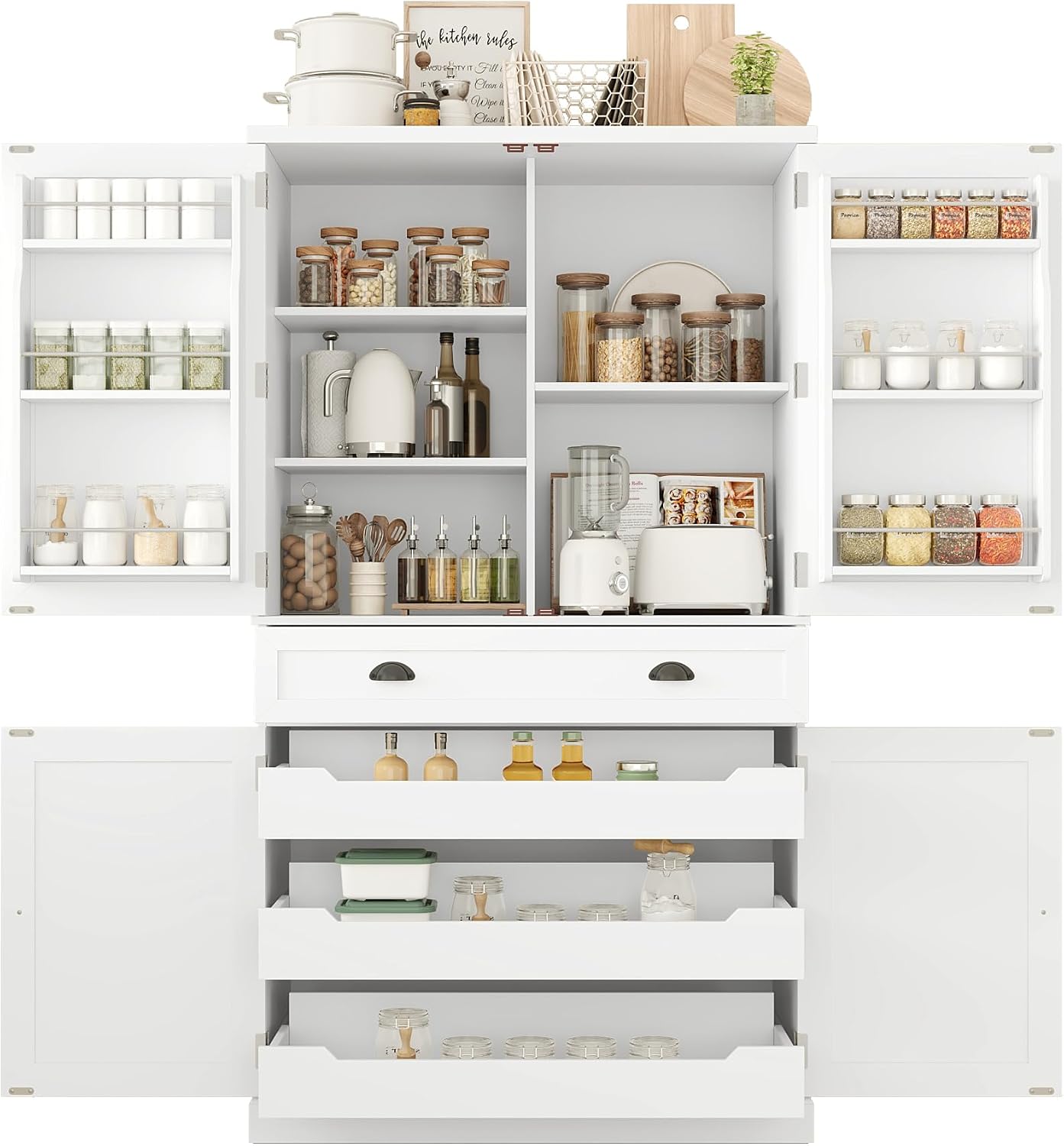 Freestanding 4 Doors Kitchen Pantry, Wood Kitchen Cupboard Storage Cabinet with 6 Door Shelves, Drawer and 3 Pull-Out Trays for Dining Room (White-4.14)