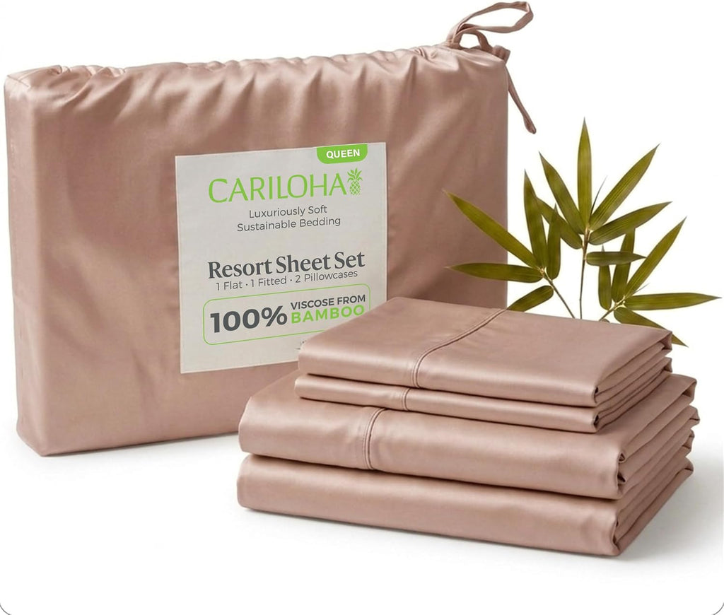 Cariloha Resort 4-Piece Sateen Sheet Set | Blush | Queen | Viscose Material | Allergy Resistant, Naturally Thermal-Regulating, Extra Soft Cooling Sheets for Hot Sleepers