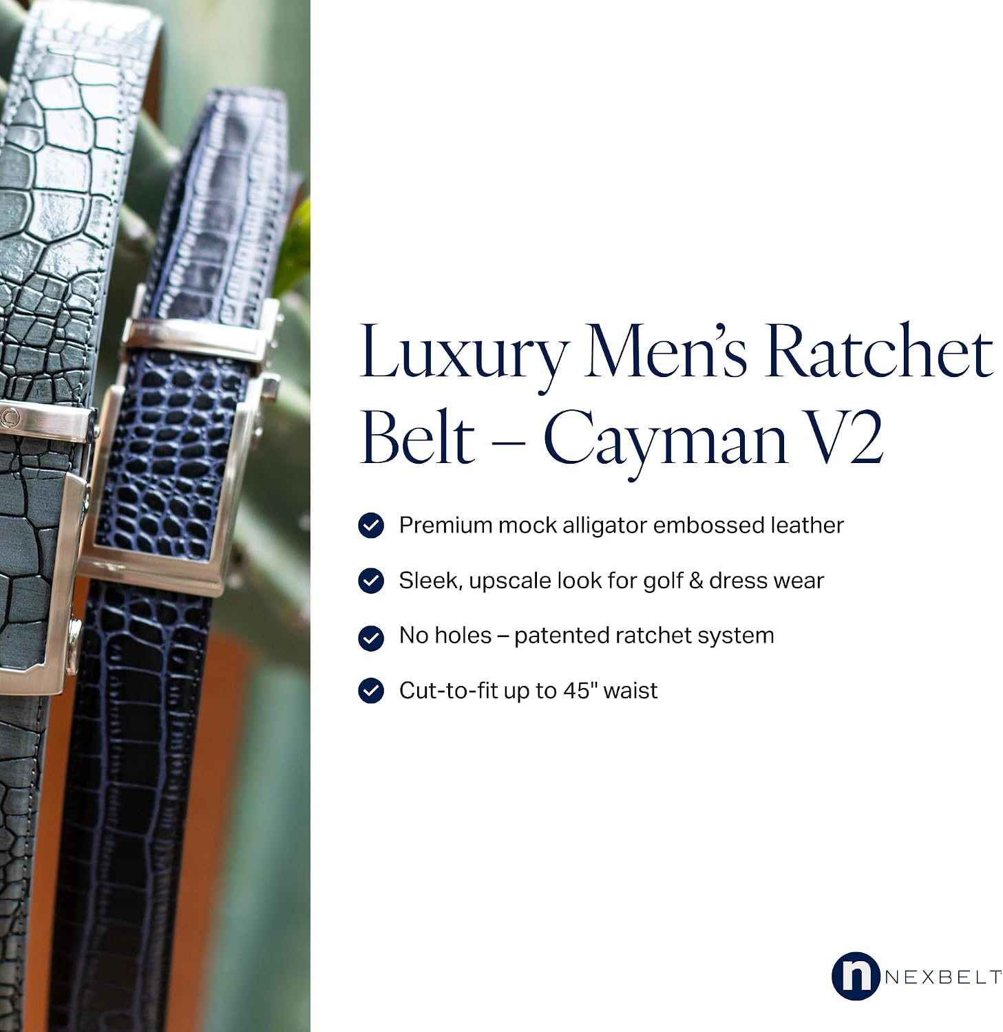 Nexbelt Cayman V2 Ratchet Belt for Men – Adjustable 1 3/8' Strap - Cut-to-Fit - Luxury Golf & Dress Belt