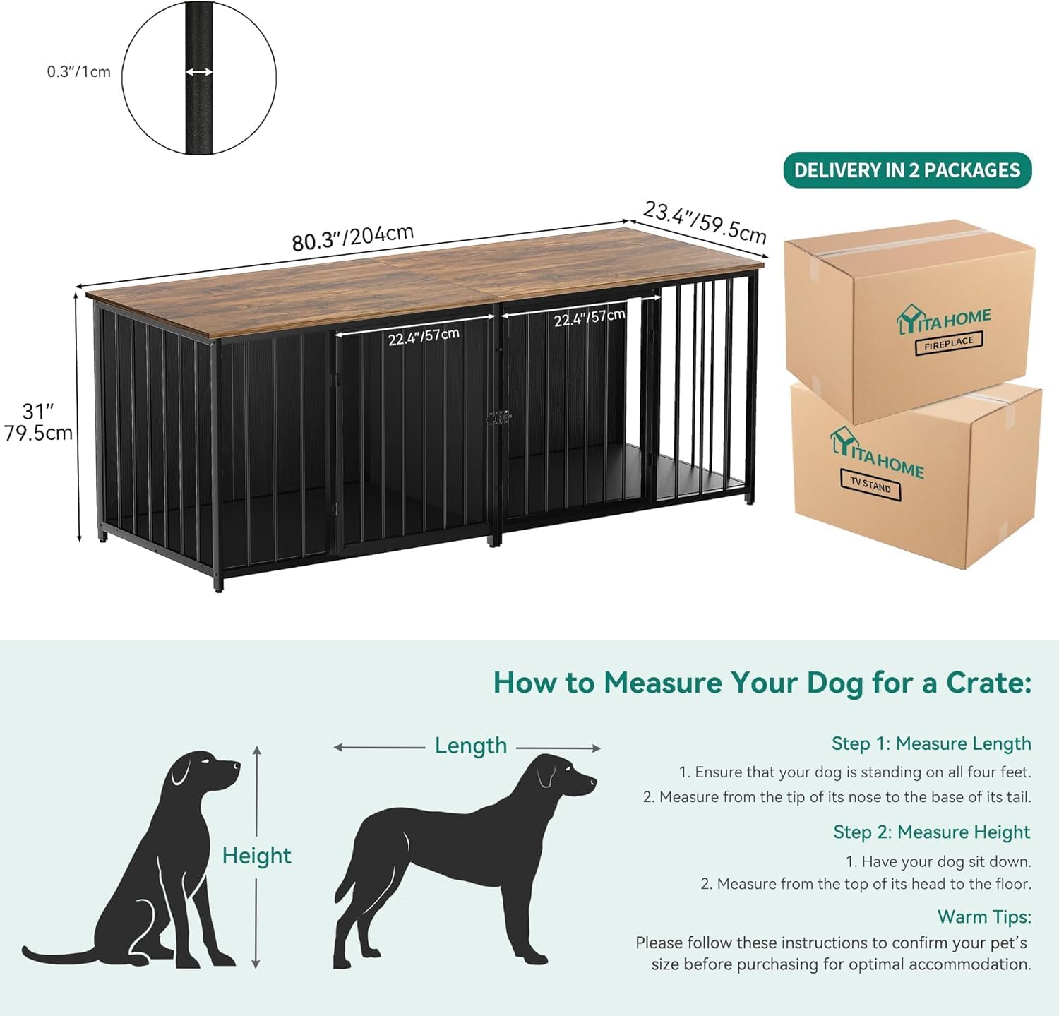 YITAHOME Double Dog Crate Furniture, 80.2 inch Large Breed Dog Kennel with Divider, Heavy Duty Dog House TV Stand Indoor for 2 Medium Dogs, Black