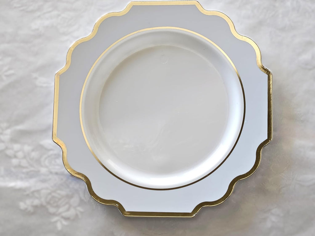 ' OCCASIONS ' 240 Plates Pack (120 Guests) Heavyweight Wedding Party Disposable Plastic Plates Set -120 x 10.5'' Dinner + 120 x 8'' Salad/Dessert Plate (Imperial in White/Blue & Gold)