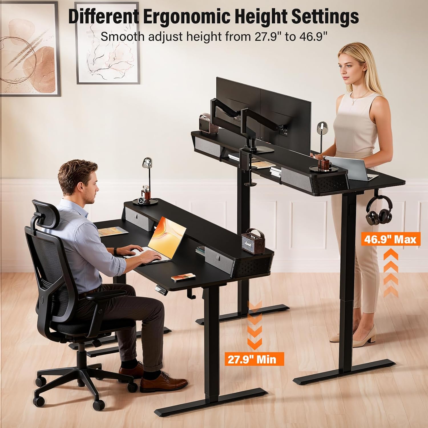 Kingant 35 x 20 Inch Small Electric Standing Desk with Dual Drawers, Height Adjustable Sit to Stand Computer Desk with Storage Shelf and C-Clamp Mount Compatibility for Home Office, Black