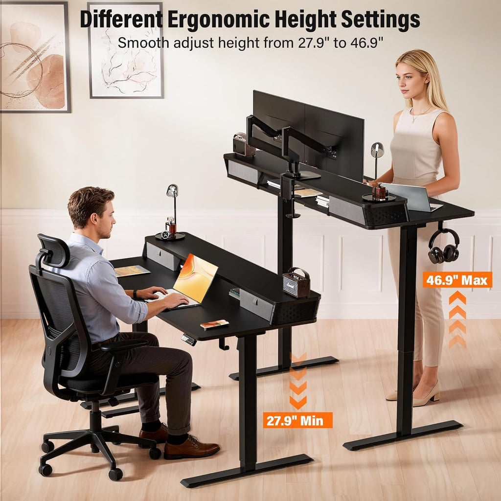 Kingant 48 x 24 Inch Electric Standing Desk with Dual Drawers, Height Adjustable Sit to Stand Computer Desk with Storage Shelf and C-Clamp Mount Compatibility for Home Office, Black