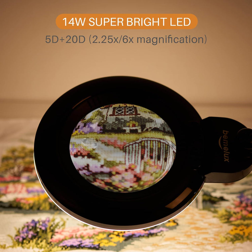Bifocals Magnifying Desk Lamp with Clamp, 5 Diopter with 20 Diopter, 6 Inch Detachable Lens and 120PCS LEDs, 3 Color Modes 1200 Lumens Swivel Arm Magnifying Lamp with Light for Crafts (Black)