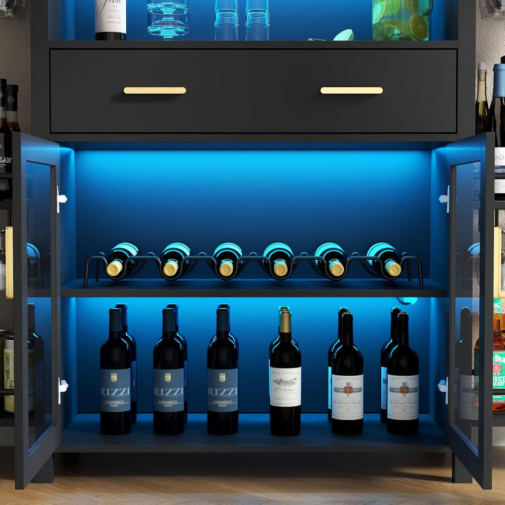 Loomie Bar Table Cabinet with LED Lights & Drawer, 8-Tier Wine Bar Cabinet with Wine Rack & Stemware Holder, Home Bar Unit Liquor Cabinets with Glass Door, Crescent Shaped Counter for Home Pub (Black)